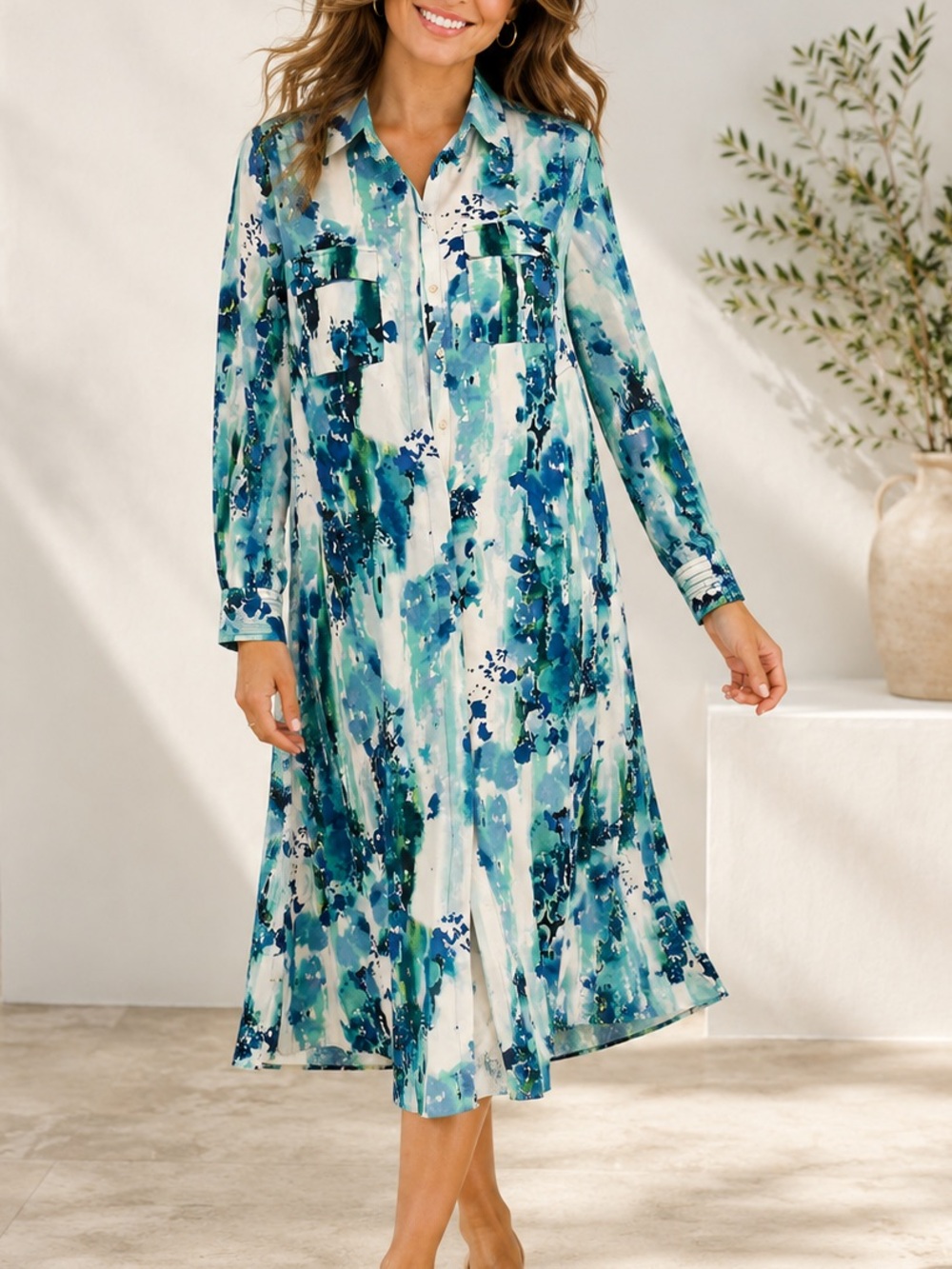 Chico’s Blue Green Watercolor Shirt Dress Tunic Size 1.5 (US-10)